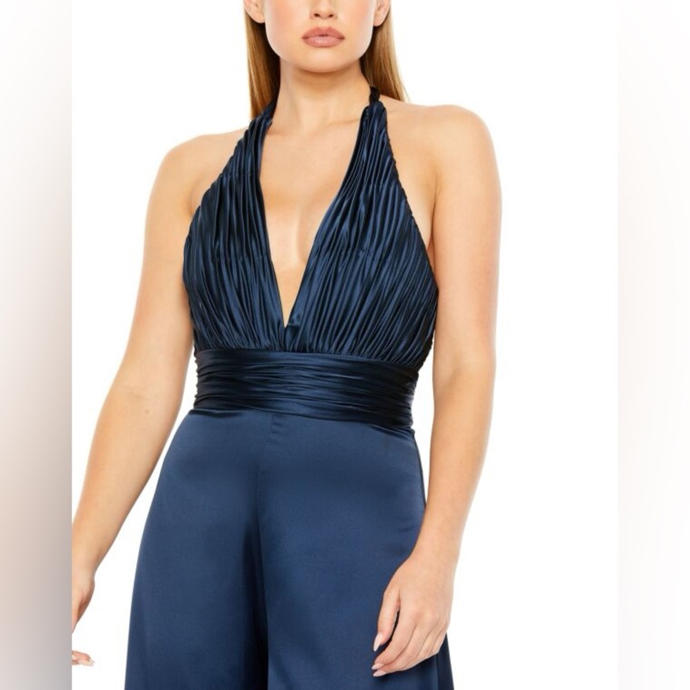 NWT Mac Duggal Navy Blue Halter Neck Wide-Leg Jumpsuit #49810 - Picture 2 of 9